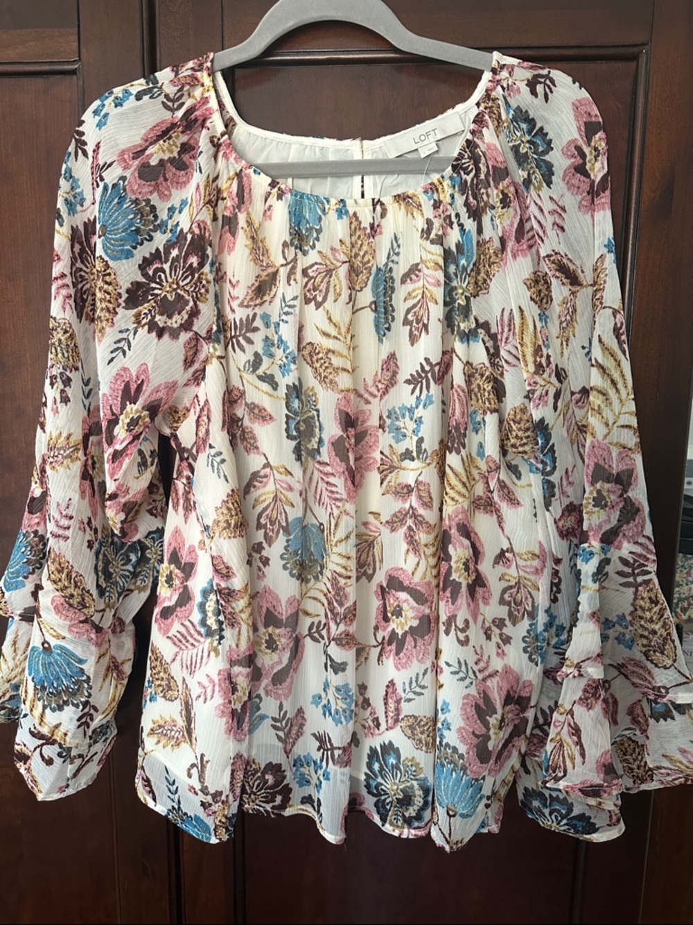 LOFT Cream Floral Pleated Blouse with Pink & Blue Flowers